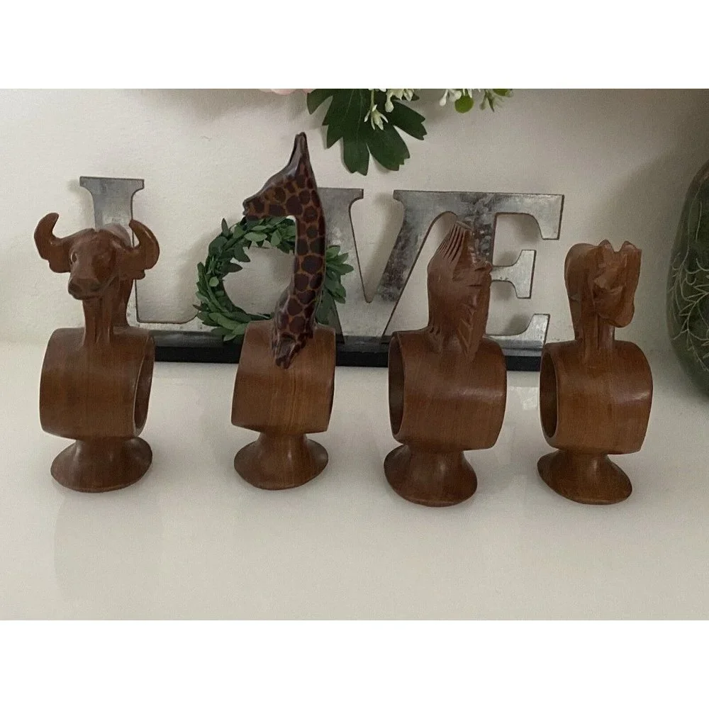 Set of 4 Hand Carved Napkin Rings African Safari Jungle Animal Teak Wood Vintage
